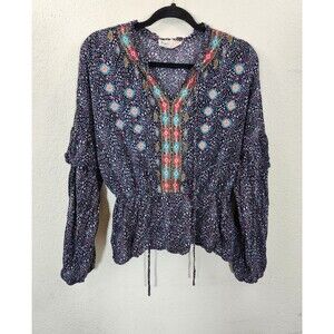 Savanna Jane Womens Top L Rayon Peasant Blouse Embroidered Boho Peplum Black